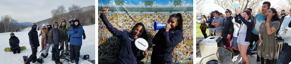 students on campus celebrating penn state and students on ski club trip